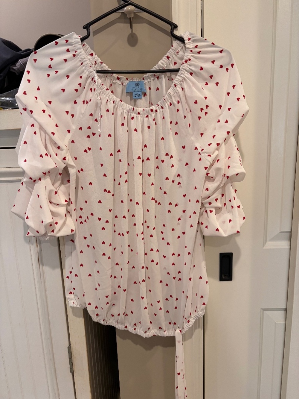 CeCe White Red Tiny Hearts Cold Shoulder Ruffle Sleeve Blouse